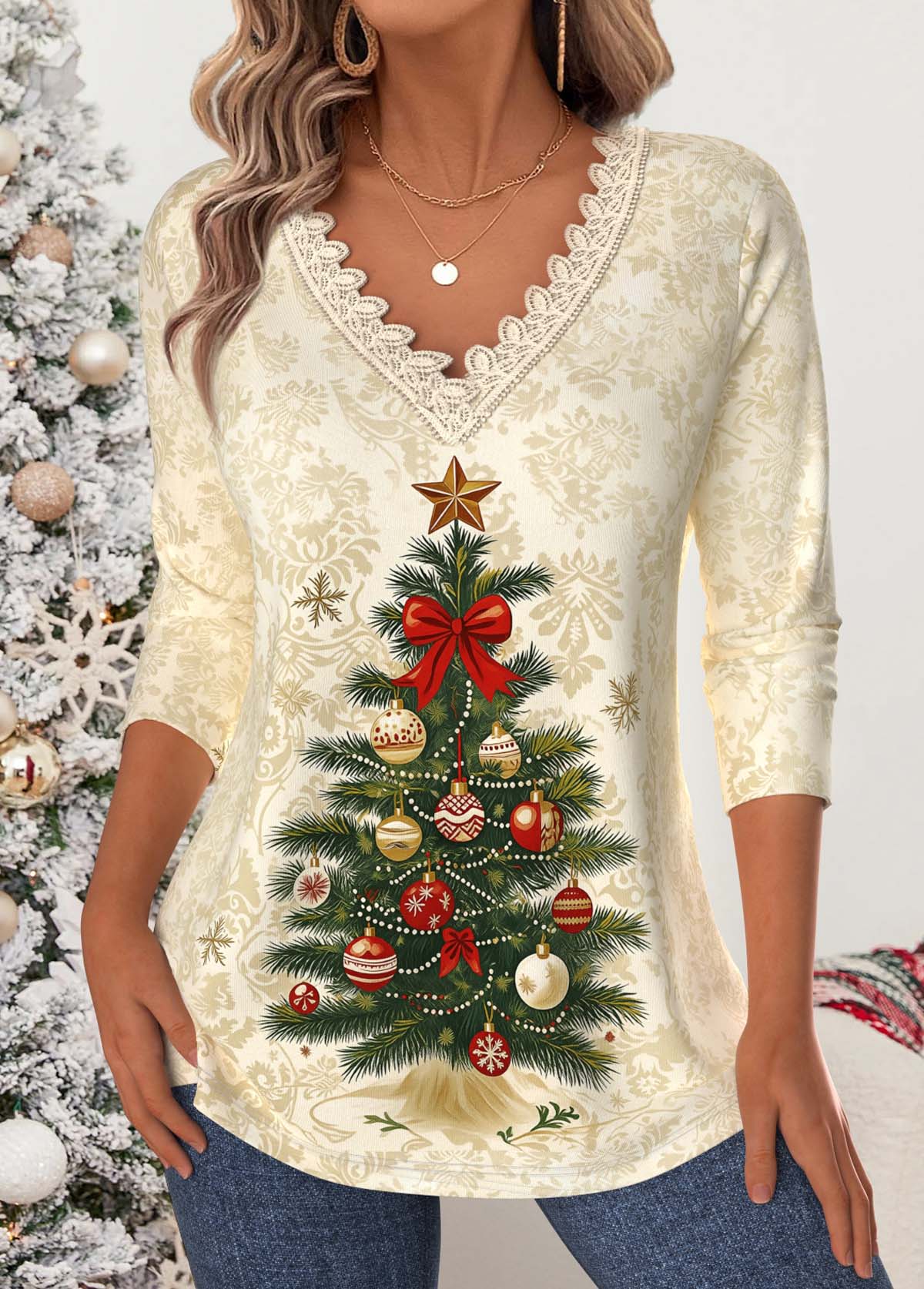 Modlily Christmas Beige Tummy Coverage Long Sleeve T Shirt - S