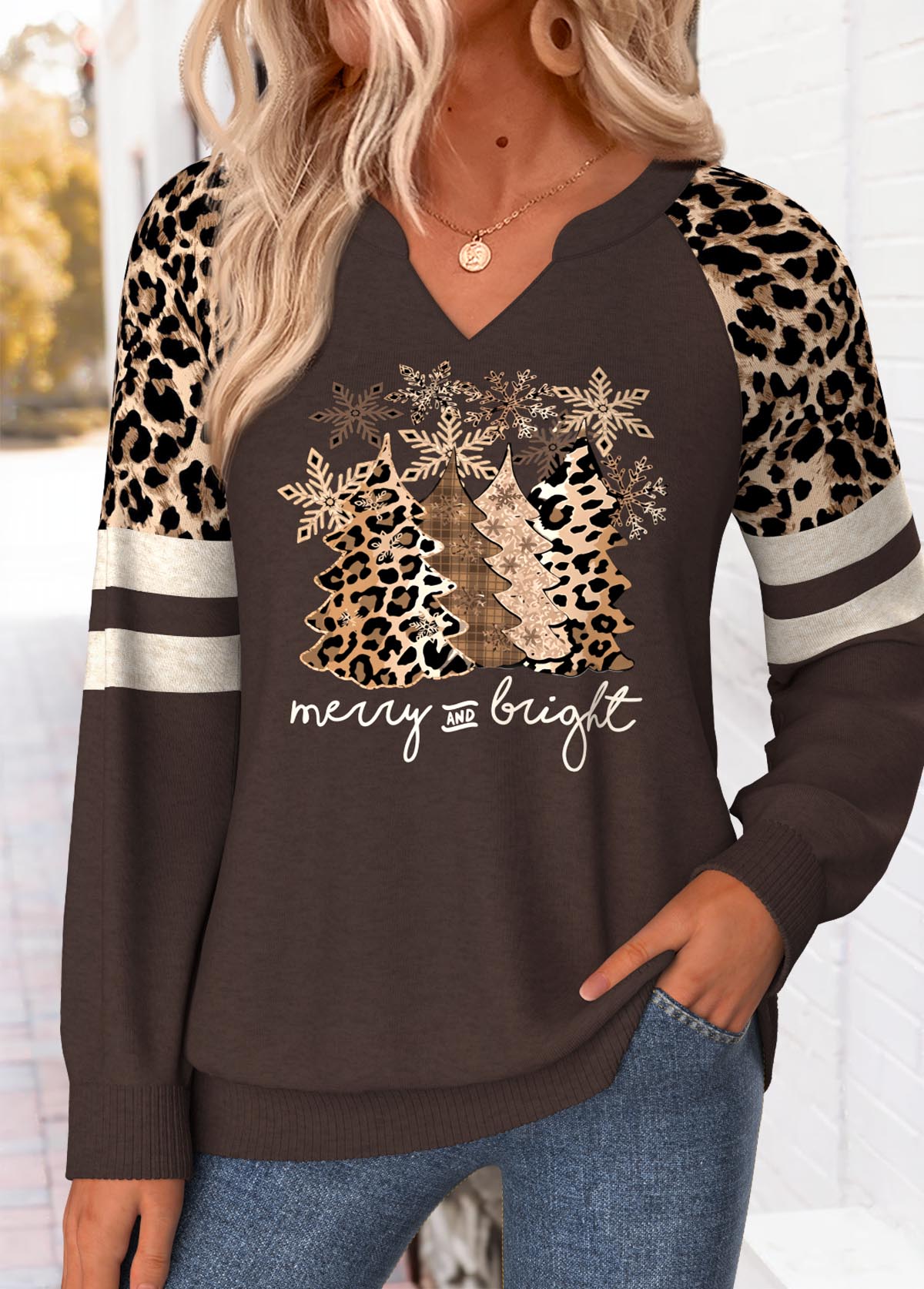 Modlily Christmas Dark Coffee Button Long Sleeve Split Neck Sweatshirt - M