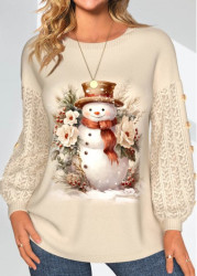 Modlily Christmas Lace Snowman Print Long Sleeve Round Neck Sweatshirt - XL