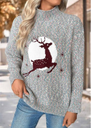 Modlily Christmas Multi Color Tummy Coverage Elk Print Sweater - S