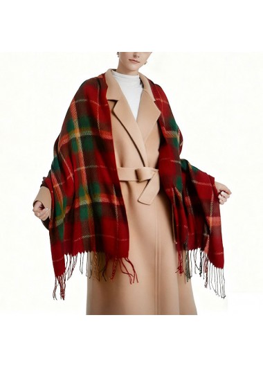 Modlily Christmas Red Polyester Detail Plaid Scarf - One Size