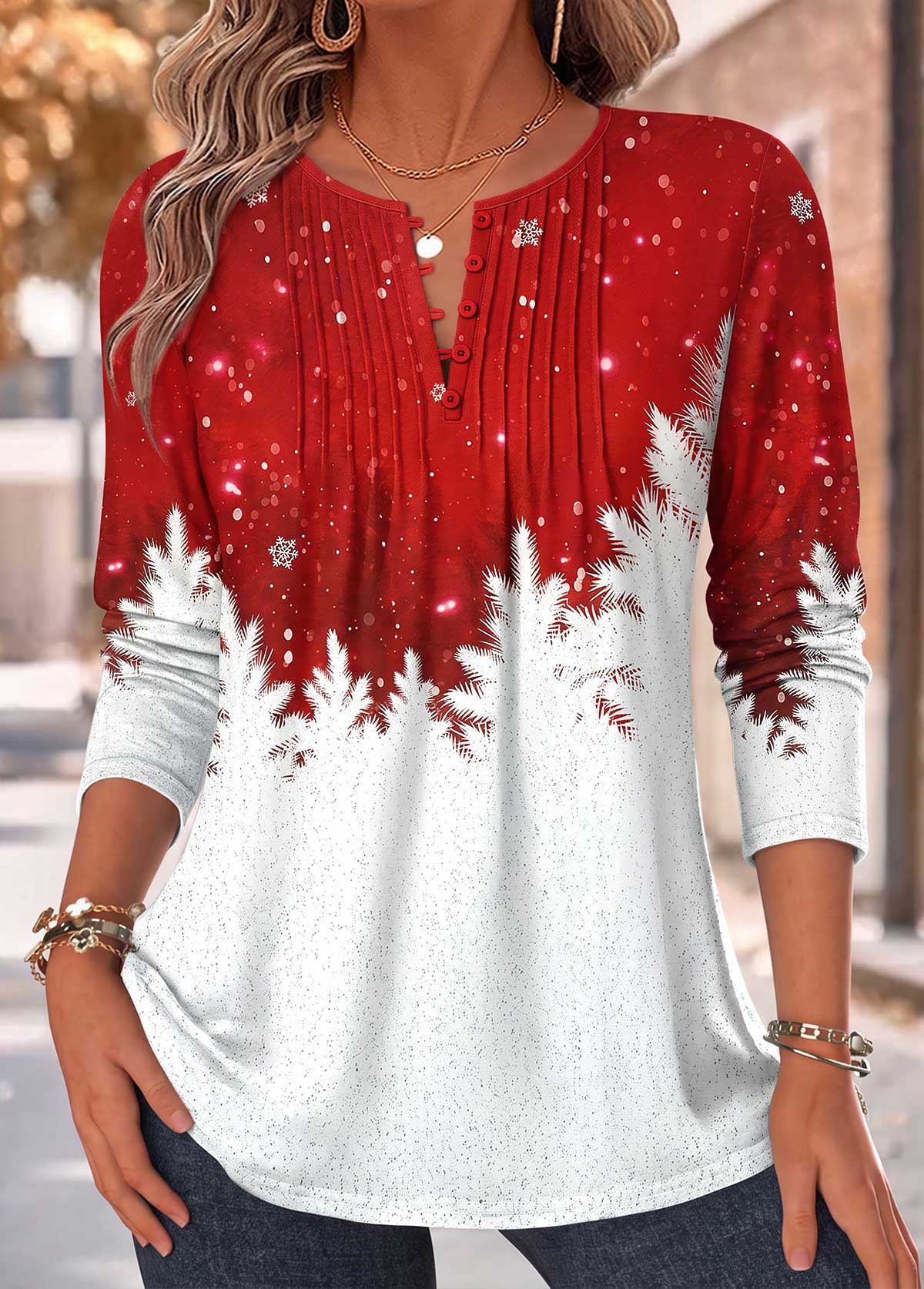 Modlily Christmas Red Tuck Stitch Long Sleeve T Shirt - M