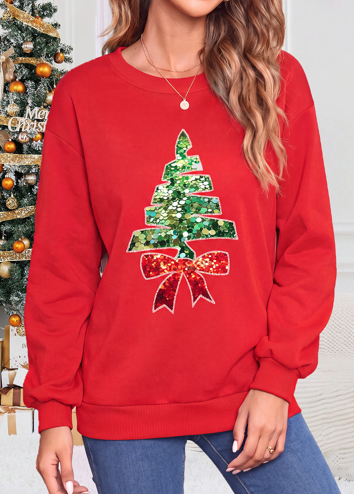 Modlily Christmas Red Tummy Coverage Long Sleeve Round Neck Sweatshirt - M