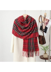 Modlily Christmas Wine Red Tassel Plaid Scarf - One Size