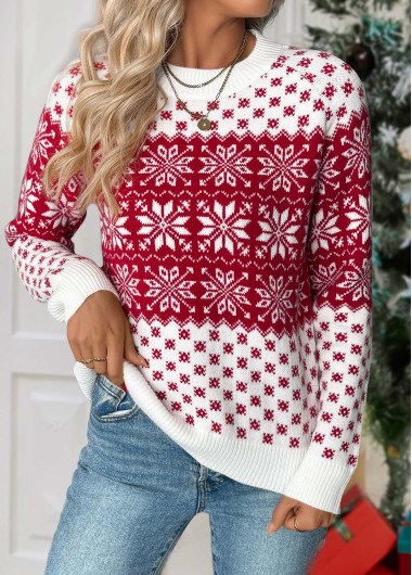 Modlily Christmas Wine Red Tummy Coverage Snowflake Print Sweater - M