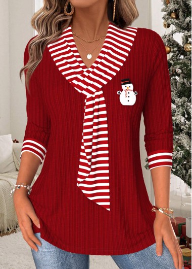 Modlily Christmas Wine Red Tummy Coverage Striped T Shirt - M