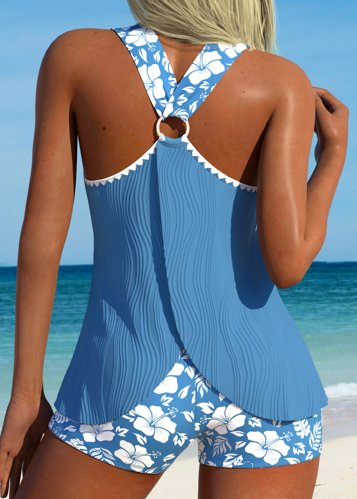 Modlily Circular Ring Mid Waisted Floral Print Tankini Set - S