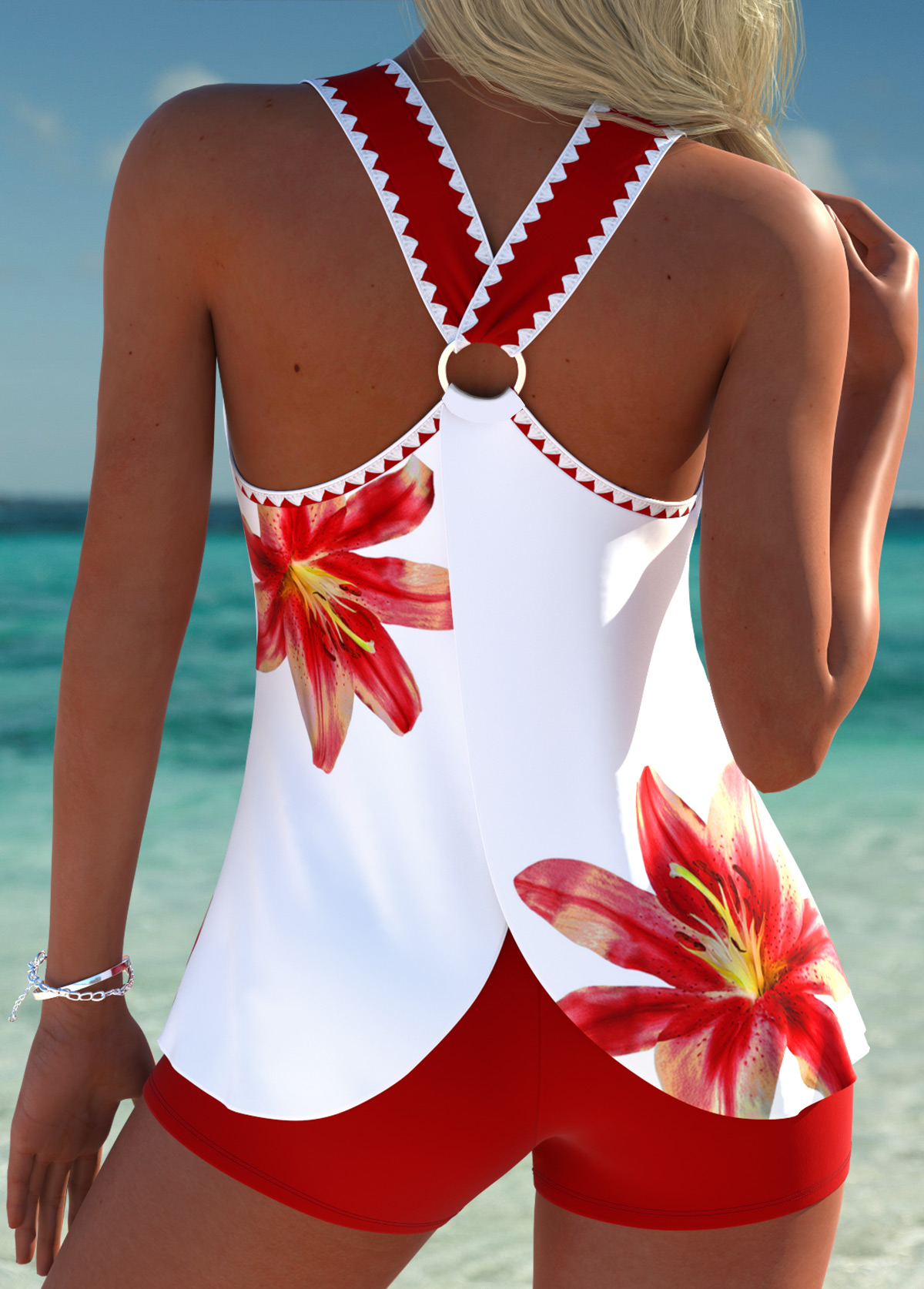 Modlily Circular Ring Tropical Plants Print Red Tankini Set - S