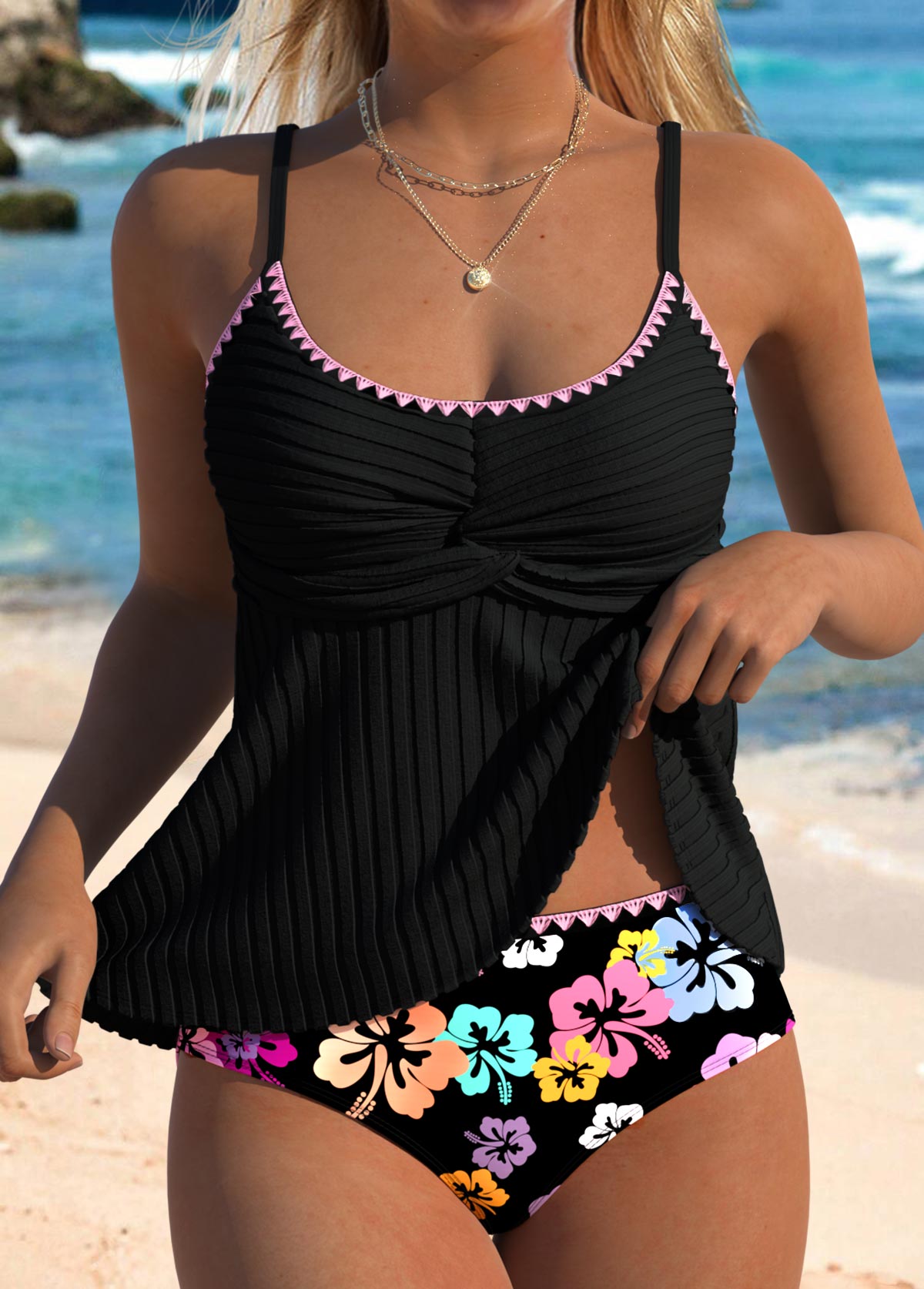 Modlily Contrast Binding Floral Print Black Scoop Tankini Set - M