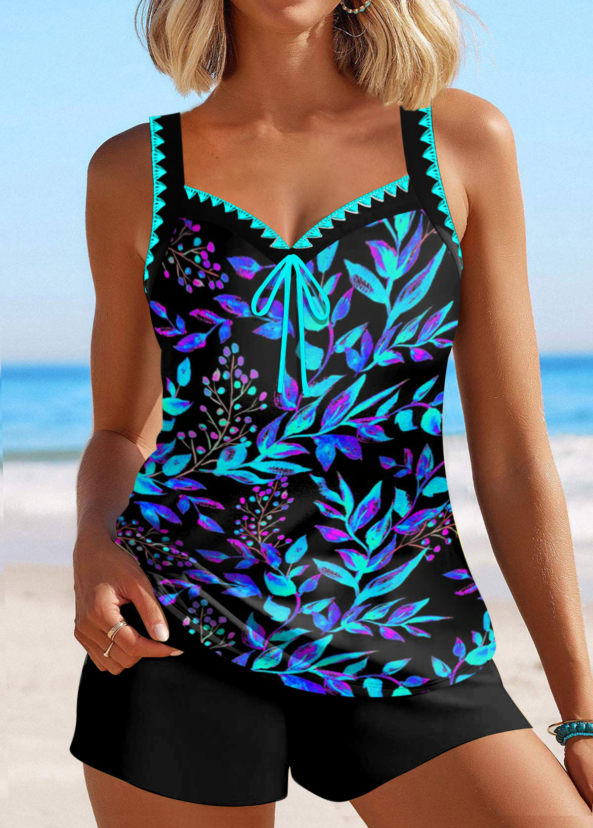 Modlily Contrast Binding Floral Print Cyan Tankini Top - L