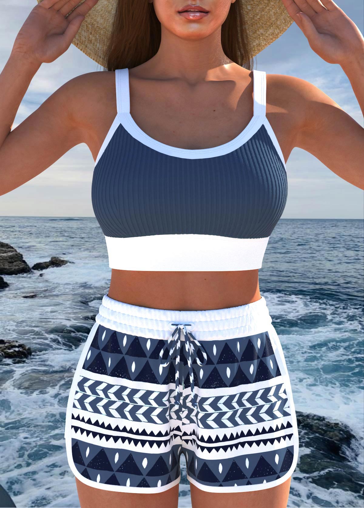 Modlily Contrast Binding High Waisted Geometric Print Bikini Set - S