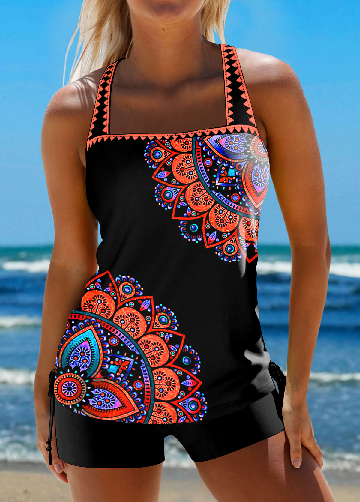 Modlily Contrast Binding Mid Waisted Tribal Print Black Tankini Set - S