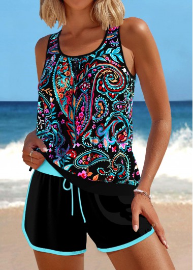 Modlily Contrast Binding Paisley Print Black Tankini Set - XL
