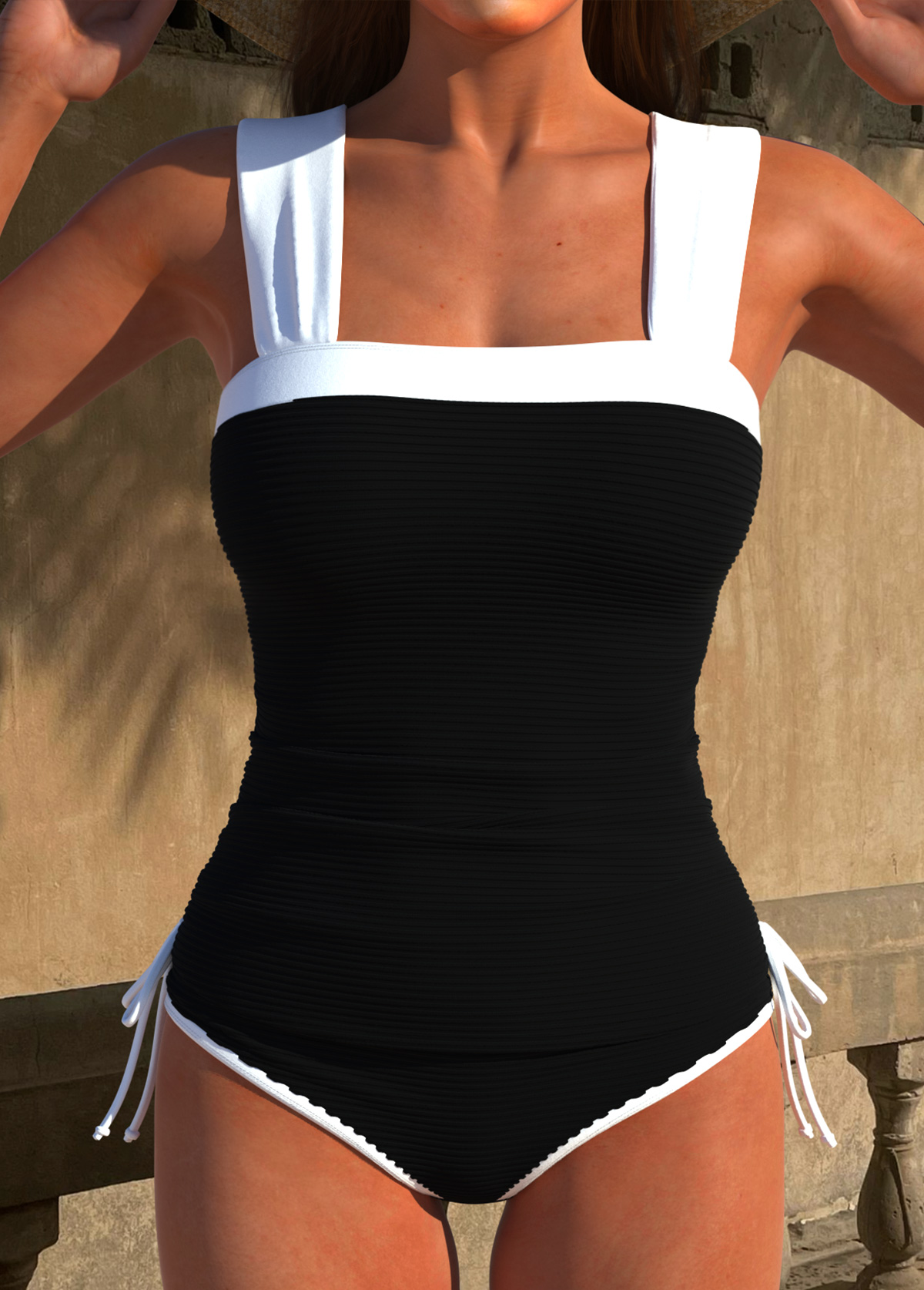 Modlily Contrast Binding Patchwork Black Tankini Set - S