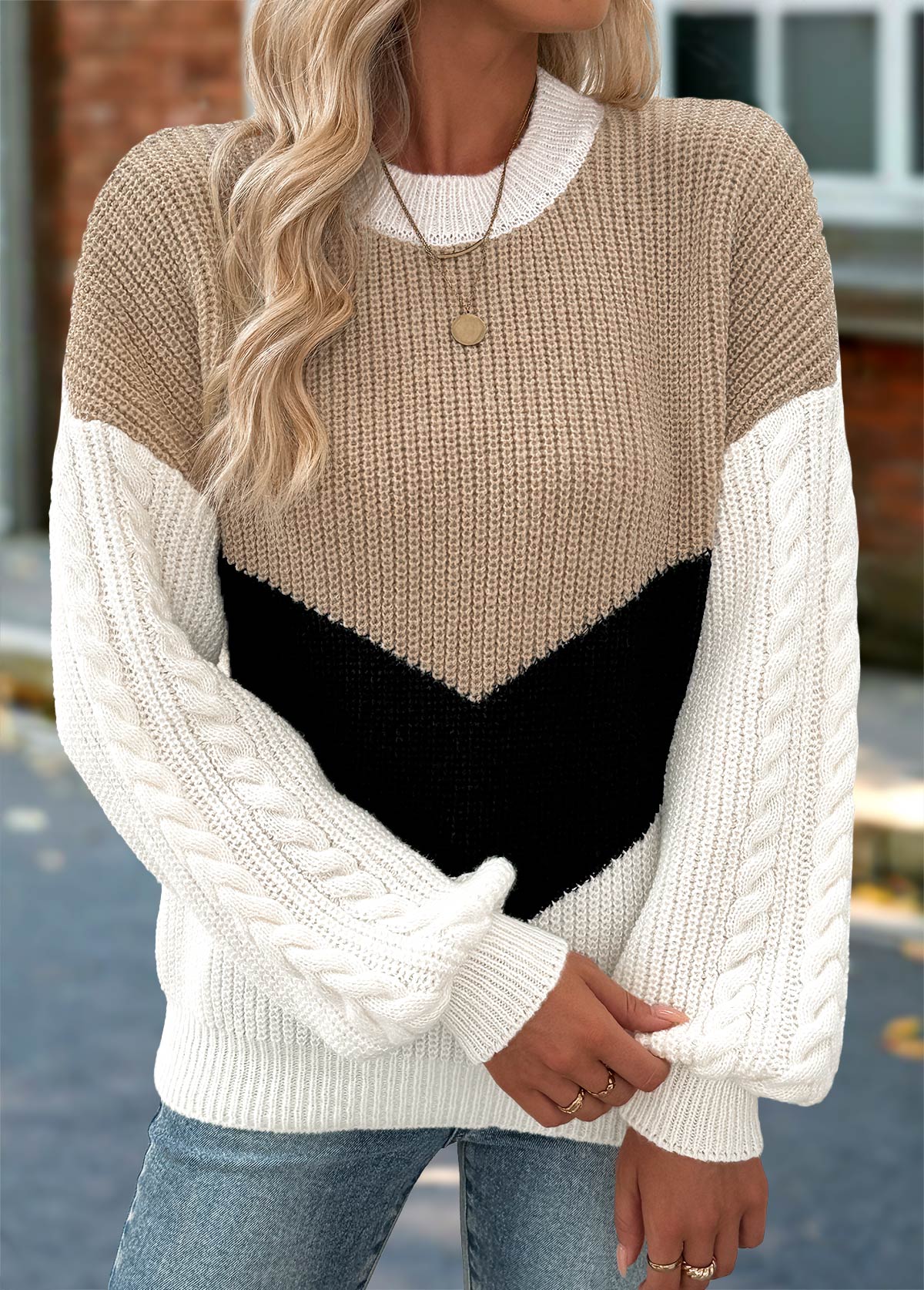 Modlily Contrast Color Light Camel Long Sleeve Round Neck Sweater - L