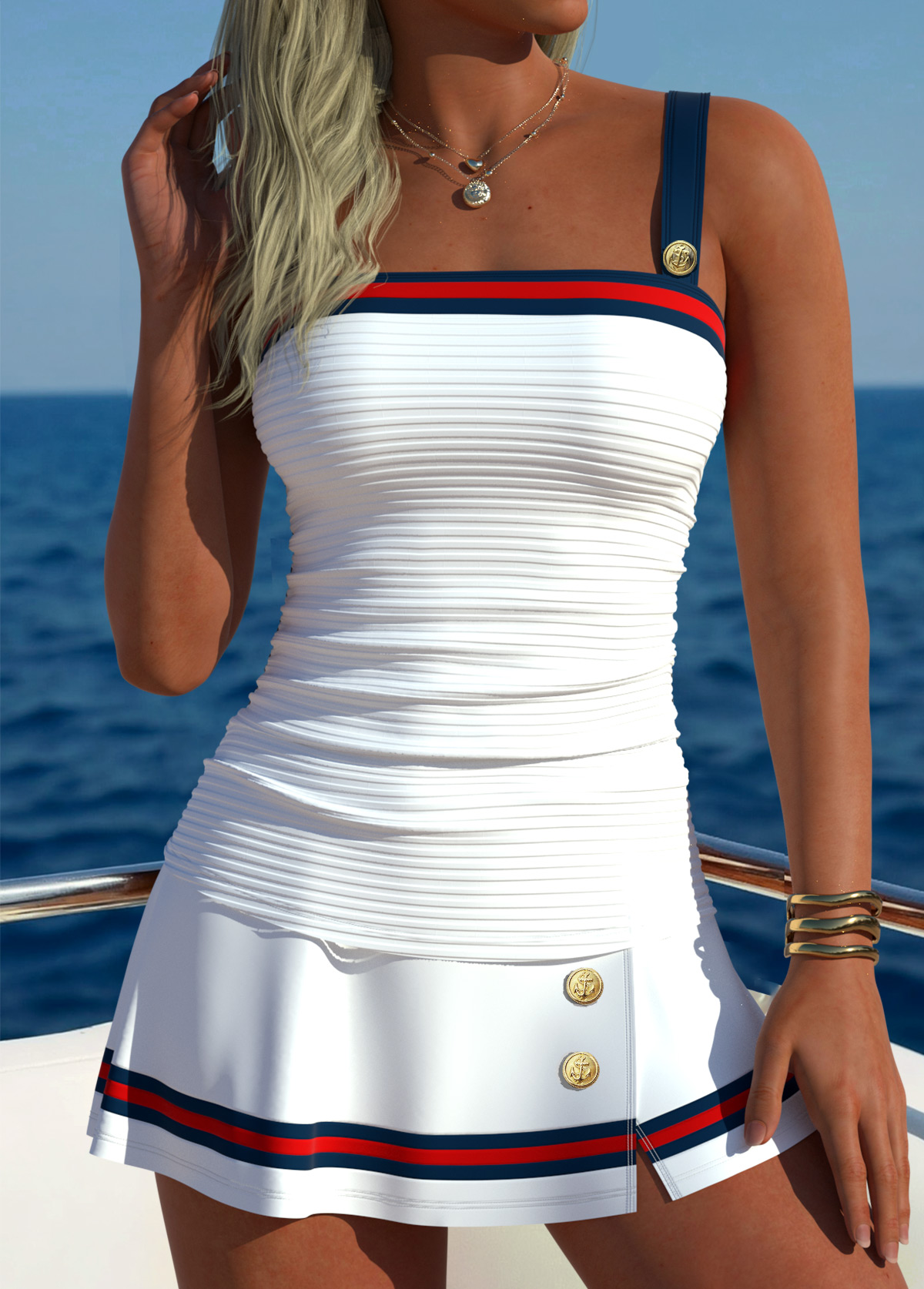 Modlily Contrast Piping High Waisted Striped White Tankini Set - S