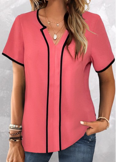 Modlily Coral Contrast Binding Short Sleeve Split Neck Blouse - S