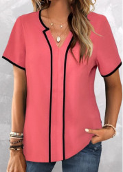 Modlily Coral Contrast Binding Short Sleeve Split Neck Blouse - S