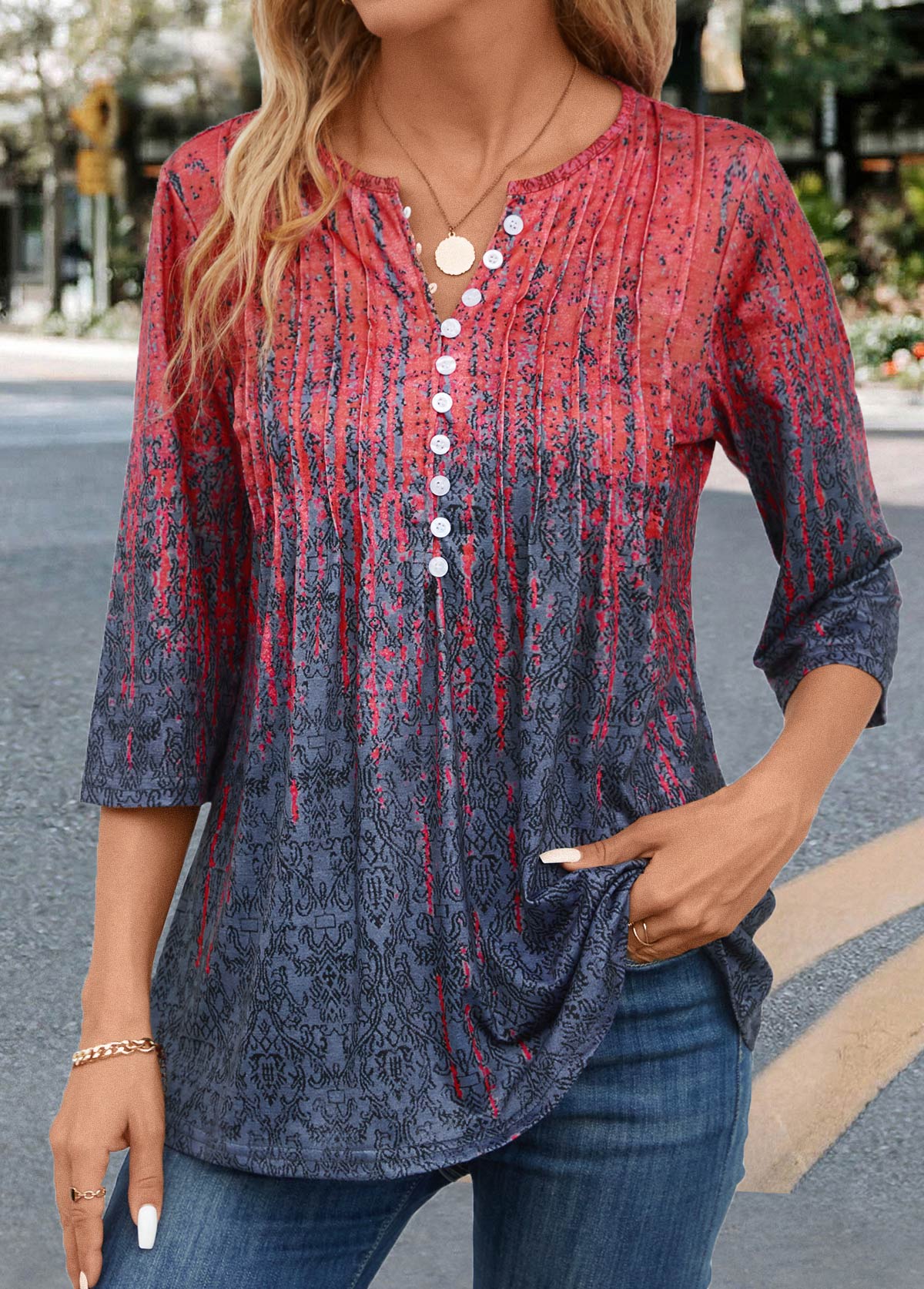 Modlily Coral Tuck Stitch Random Floral Print T Shirt - XL