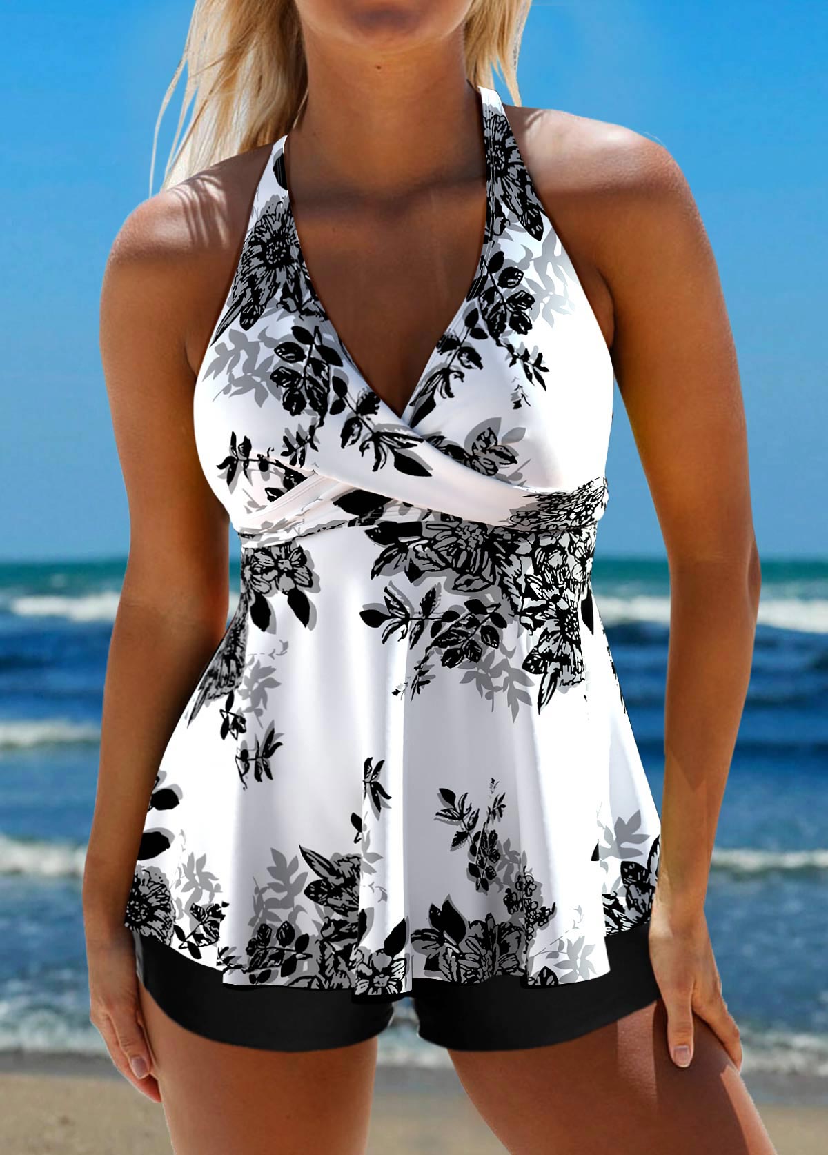 Modlily Criss Cross Floral Print White Tankini Top - S