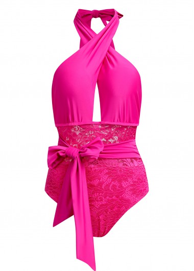 Modlily Cross Halter Lace Stitching Rose Red One Piece Swimwear - XS