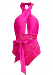 Modlily Cross Halter Lace Stitching Rose Red One Piece Swimwear - XS