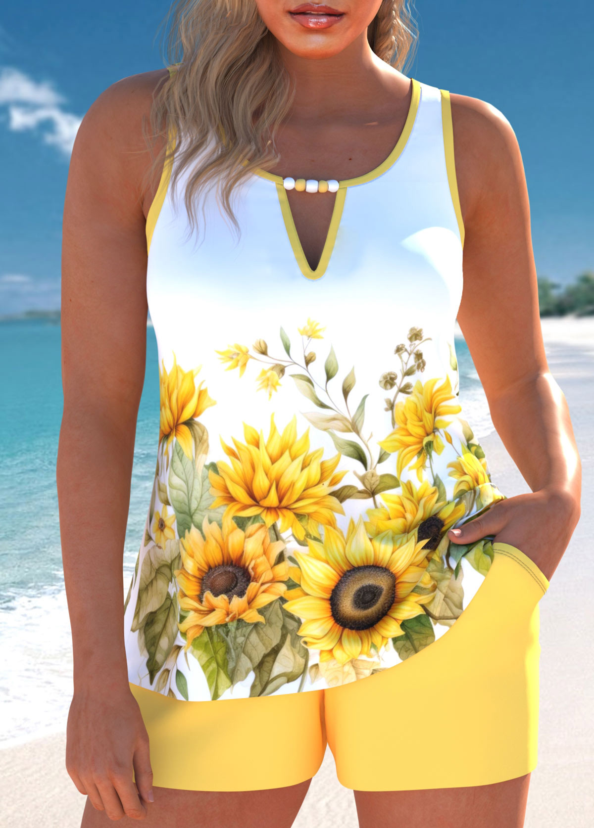 Modlily Cut Out Floral Print Light Yellow Tankini Set - M