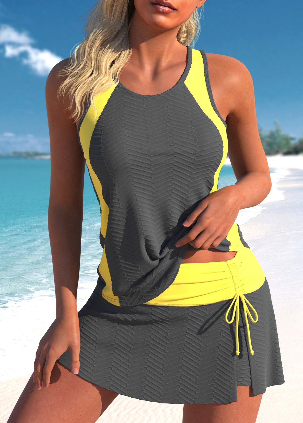 Modlily Cut Out Grey Drawstring Tankini Set - S