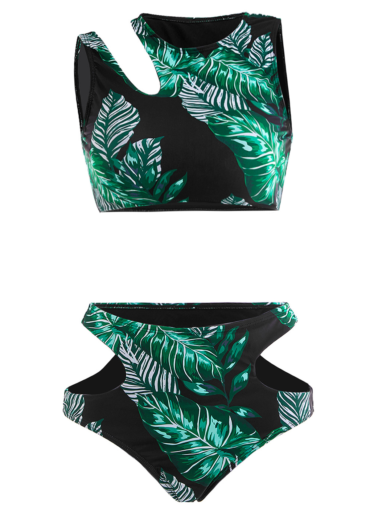 Modlily Cut Out Mid Waisted Leaf Print Black Bikini Set - XXL