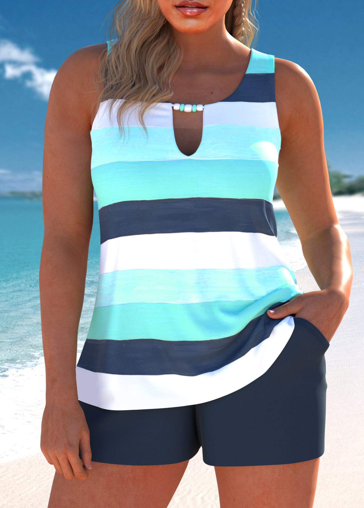 Modlily Cut Out Multi Stripe Print Cyan Tankini Set - M