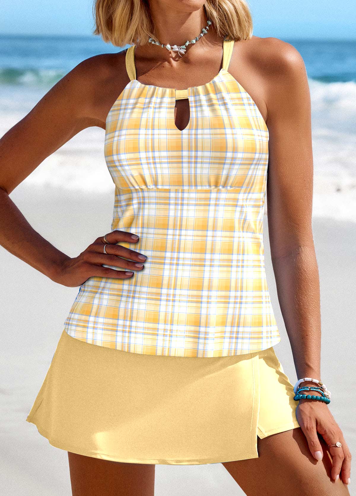 Modlily Cut Out Plaid Light Yellow Tankini Set - M