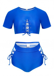 Modlily Cut Out Royal Blue Lace Up Bikini Set - XXL