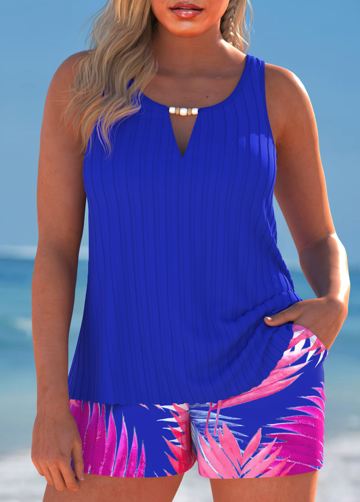 Modlily Cut Out Tropical Plants Print Royal Blue Tankini Set - XXL