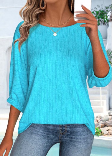 Modlily Cyan 3/4 Sleeve Round Neck Blouse - S