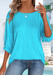 Modlily Cyan 3/4 Sleeve Round Neck Blouse - S
