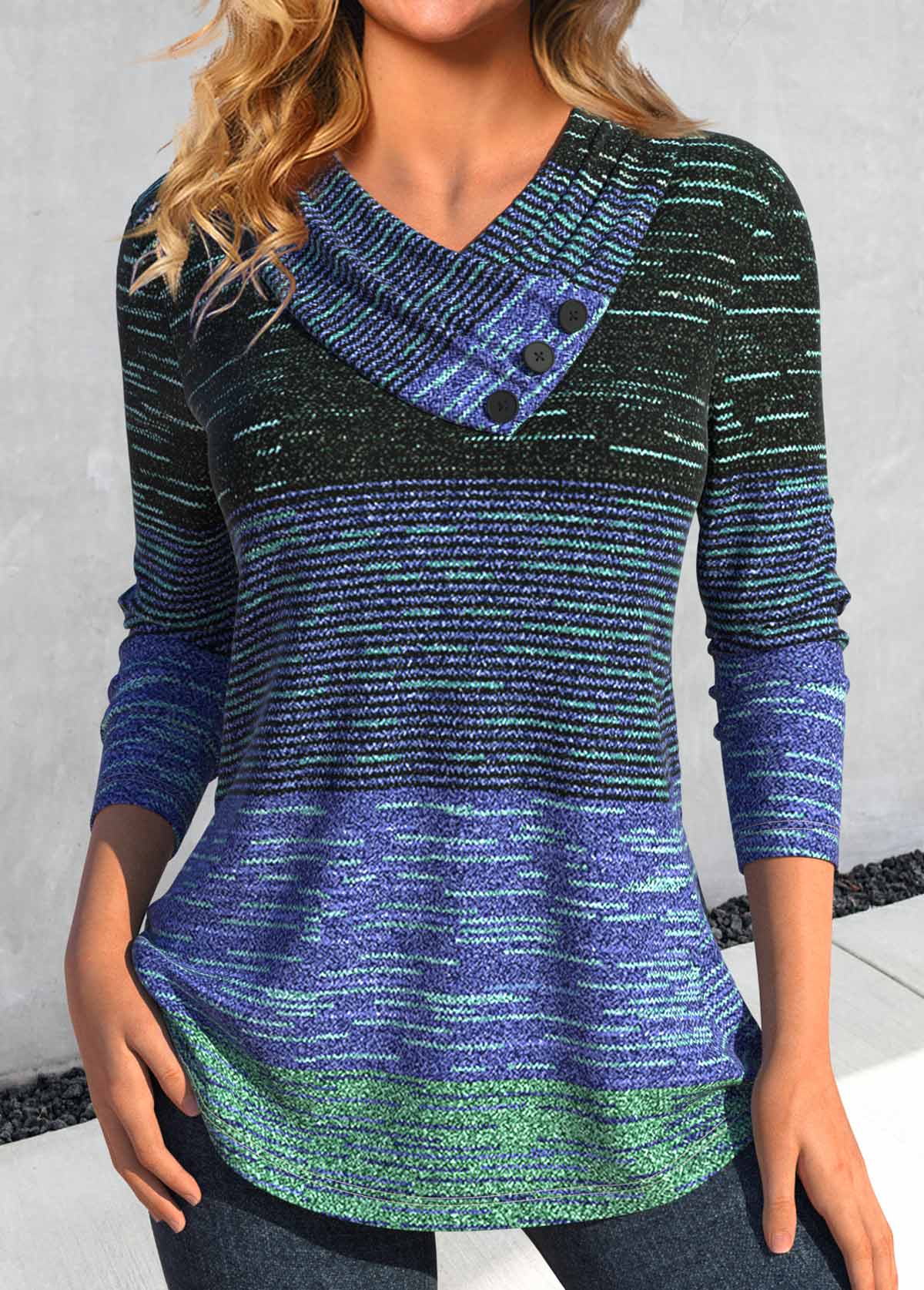 Modlily Cyan Button Striped Long Sleeve V Neck T Shirt - L