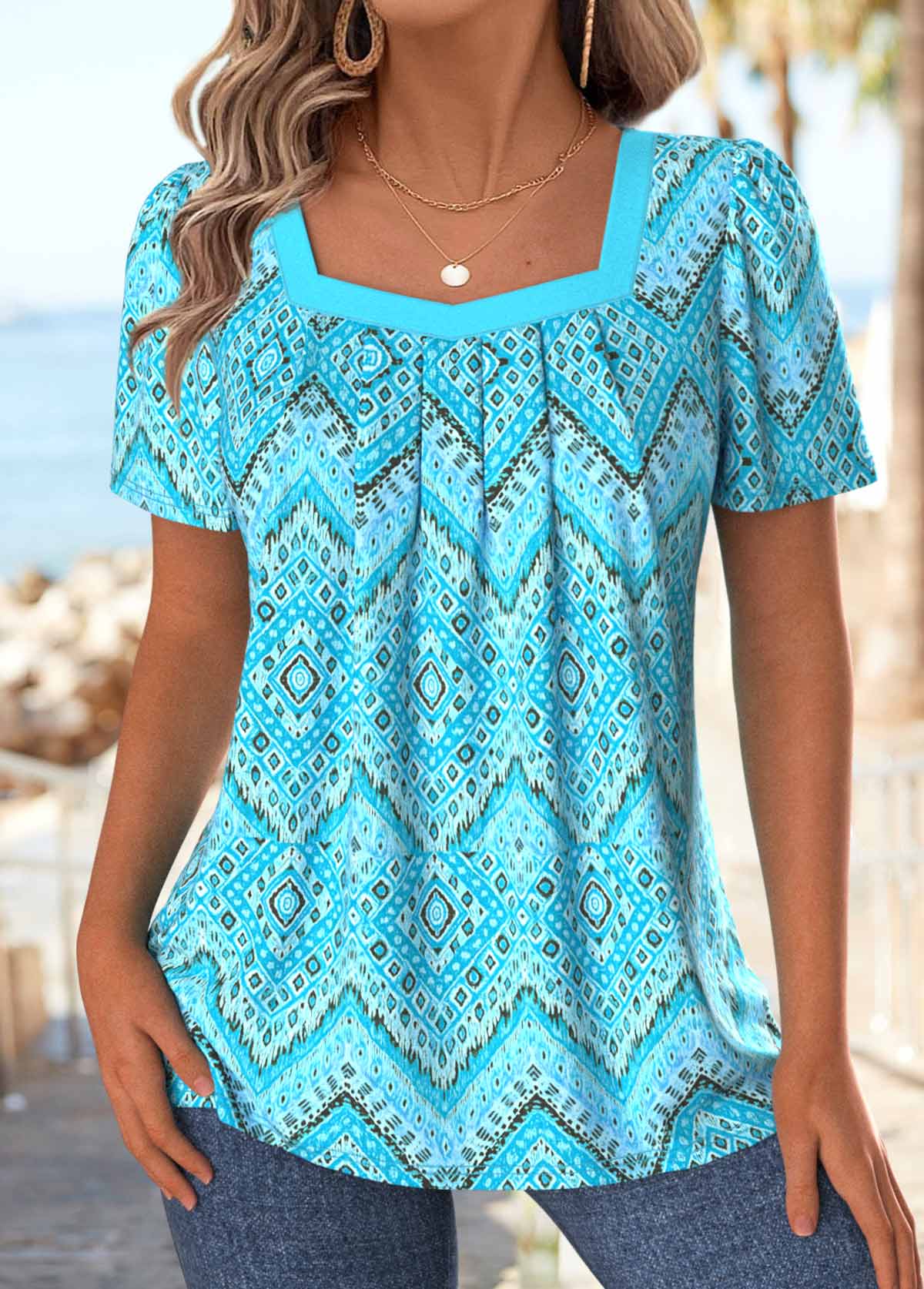 Modlily Cyan Geometric Print Short Sleeve Square Neck T Shirt - M