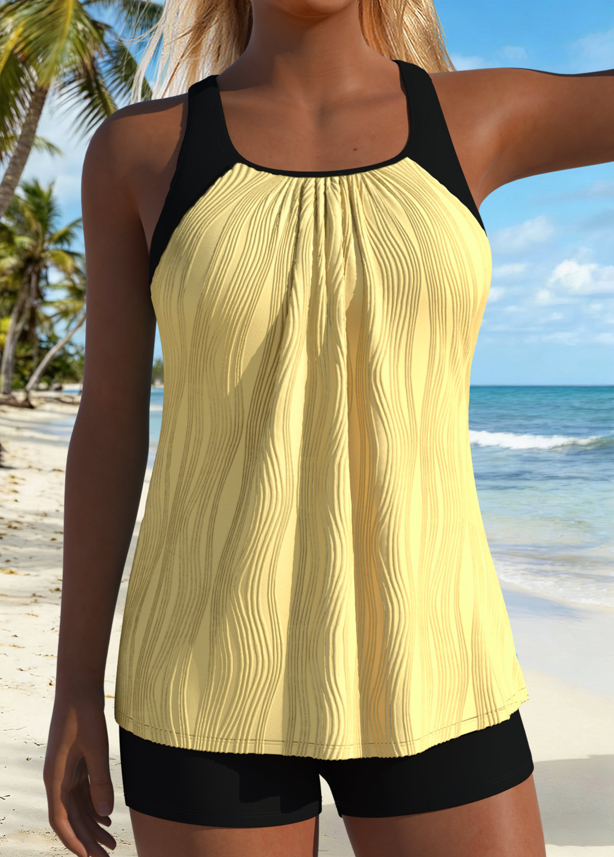 Modlily Cyan Layered Ruched Patchwork Tankini Top - S