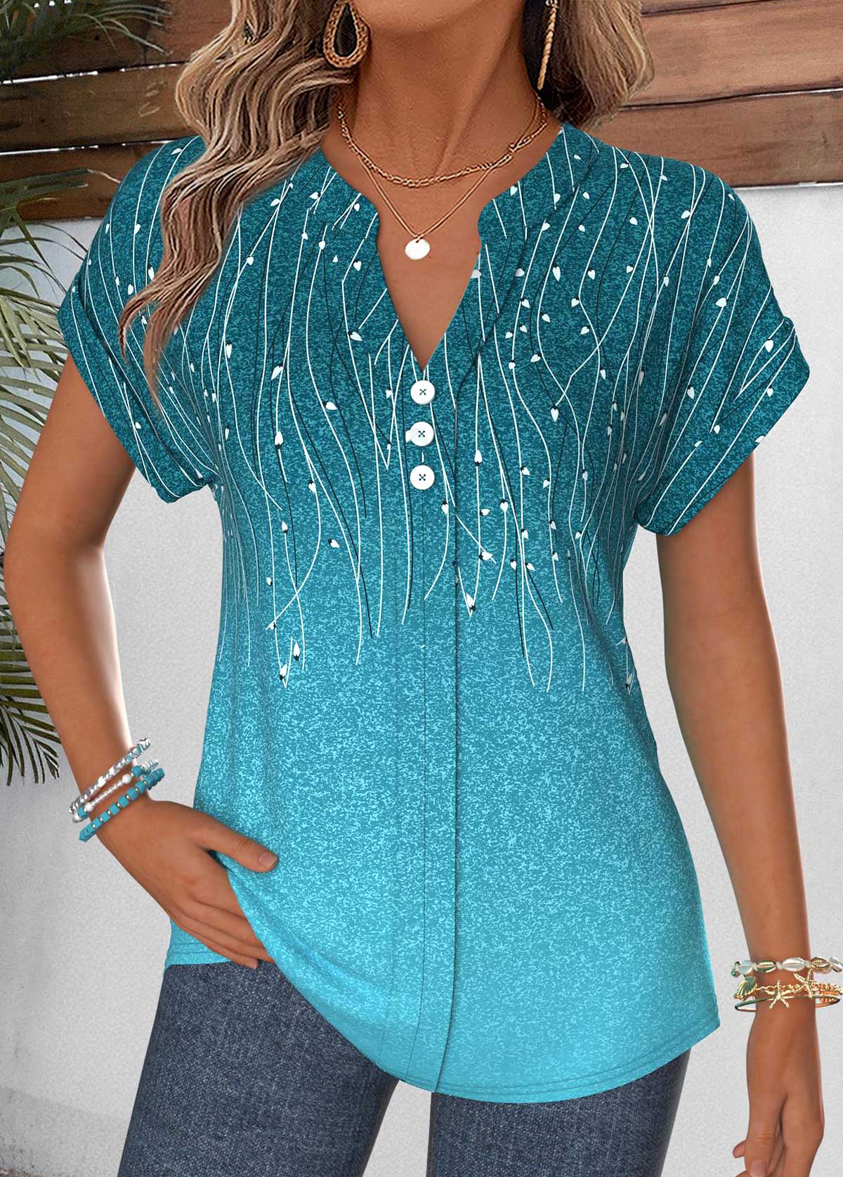 Modlily Cyan Leaf Print Patchwork Short Sleeve Split Neck Blouse - M