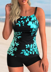 Modlily Cyan Leaf Print Tankini With Swim Shorts Printed Spaghetti Strap Drawstring Side Tankini Set - S