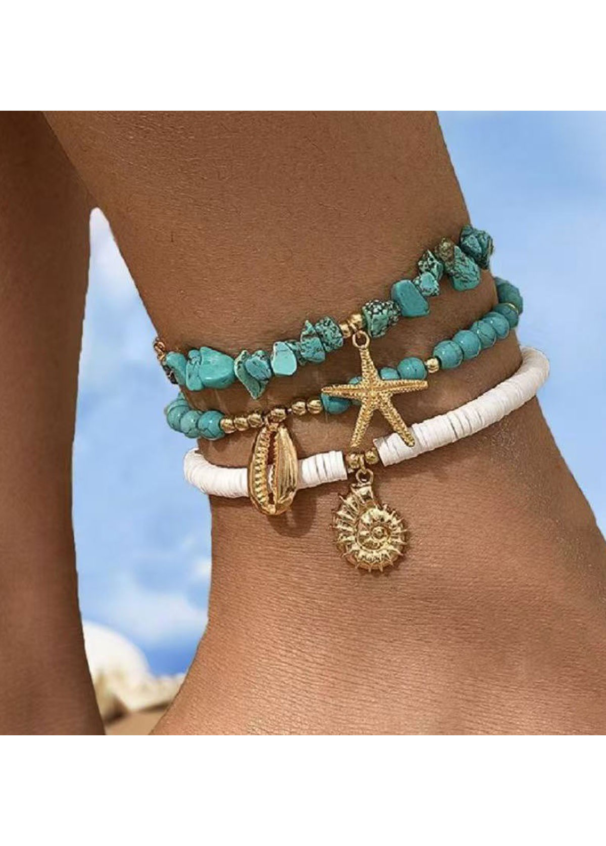 Modlily Cyan Marine Life Alloy Detail Anklets - One Size