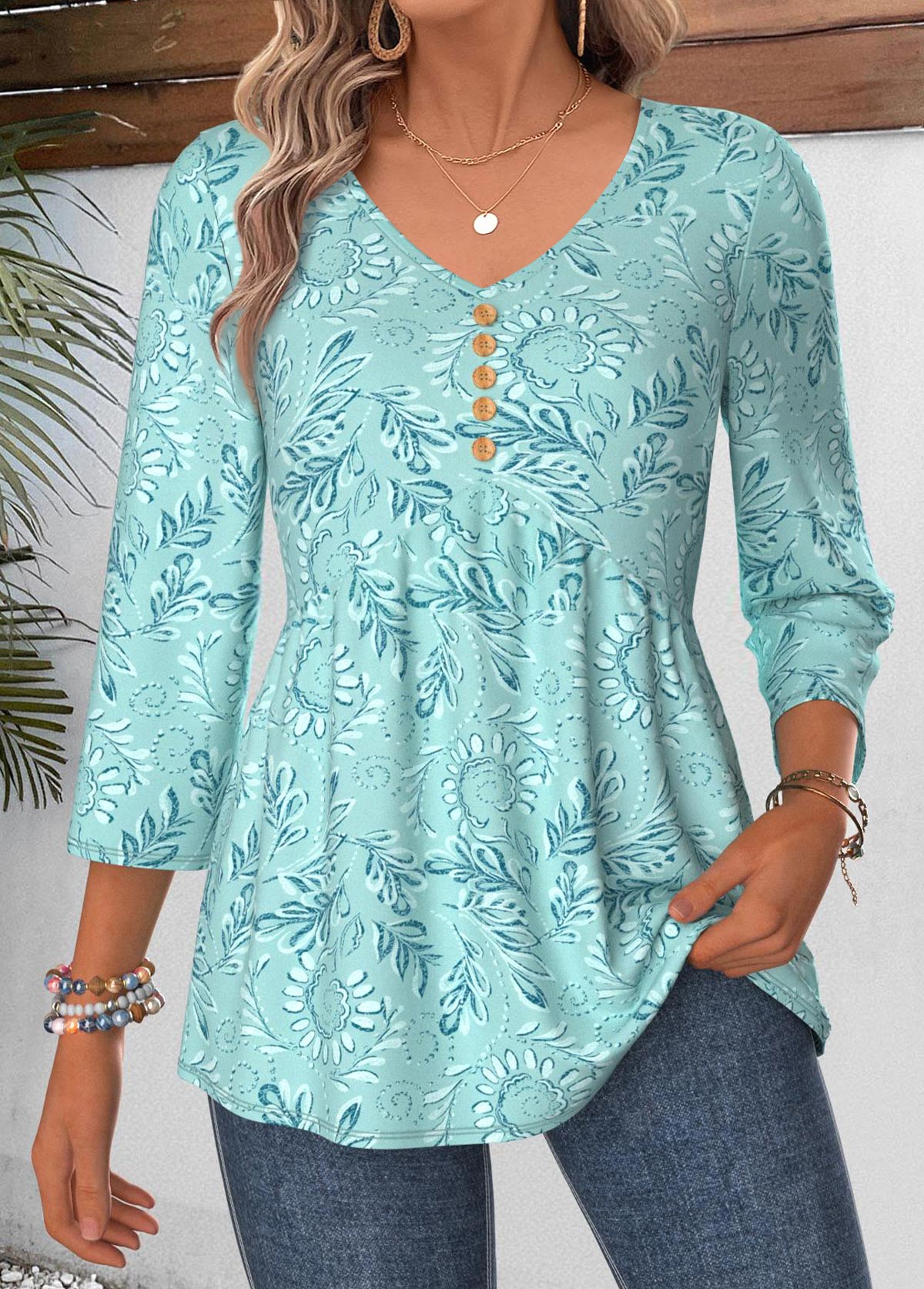 Modlily Cyan Paisley Print Curved Hem 3/4 Sleeve Blouse - M