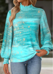 Modlily Cyan Patchwork Ombre Long Sleeve Round Neck T Shirt - M