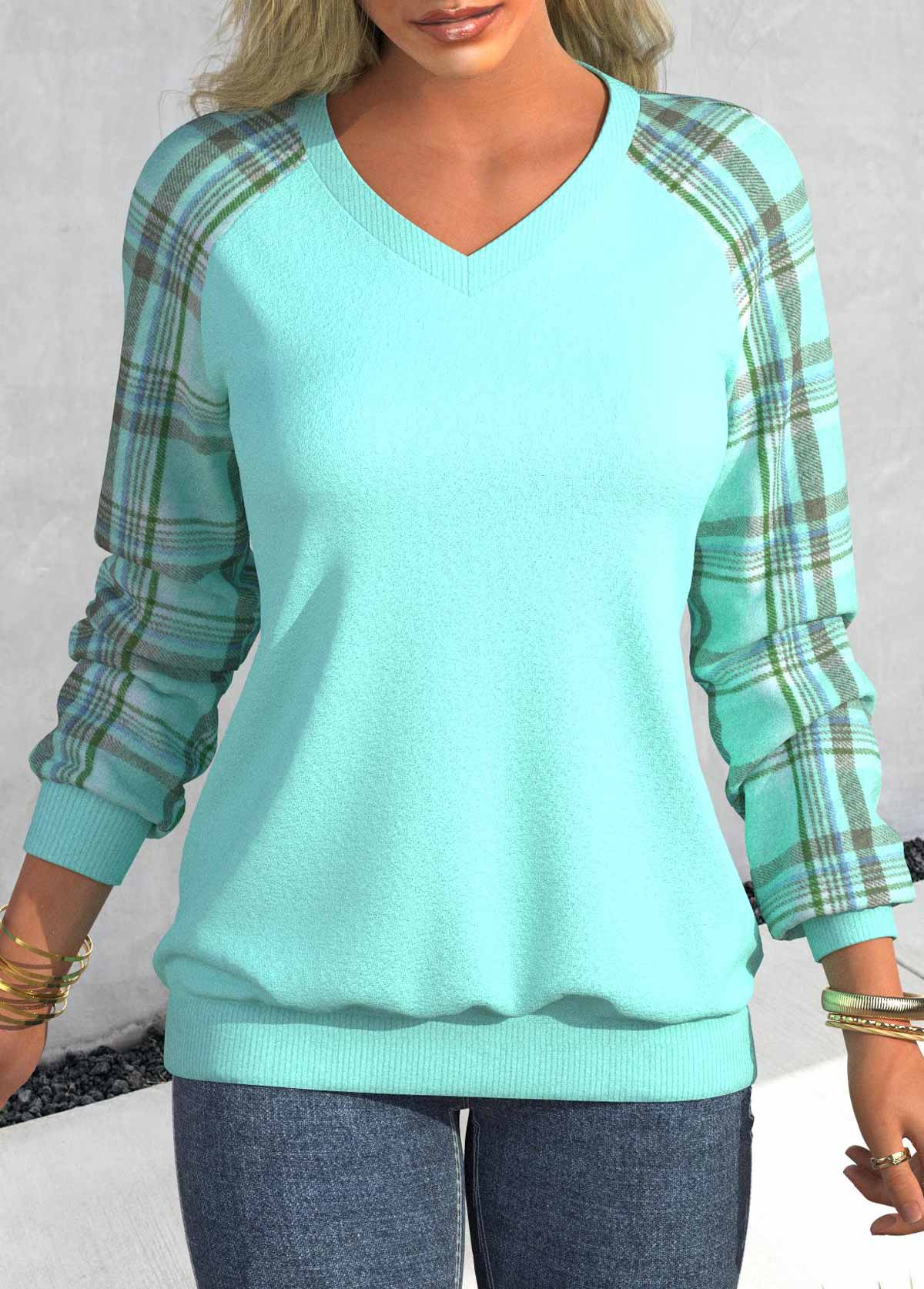 Modlily Cyan Patchwork Plaid Long Sleeve V Neck Sweatshirt - XXL