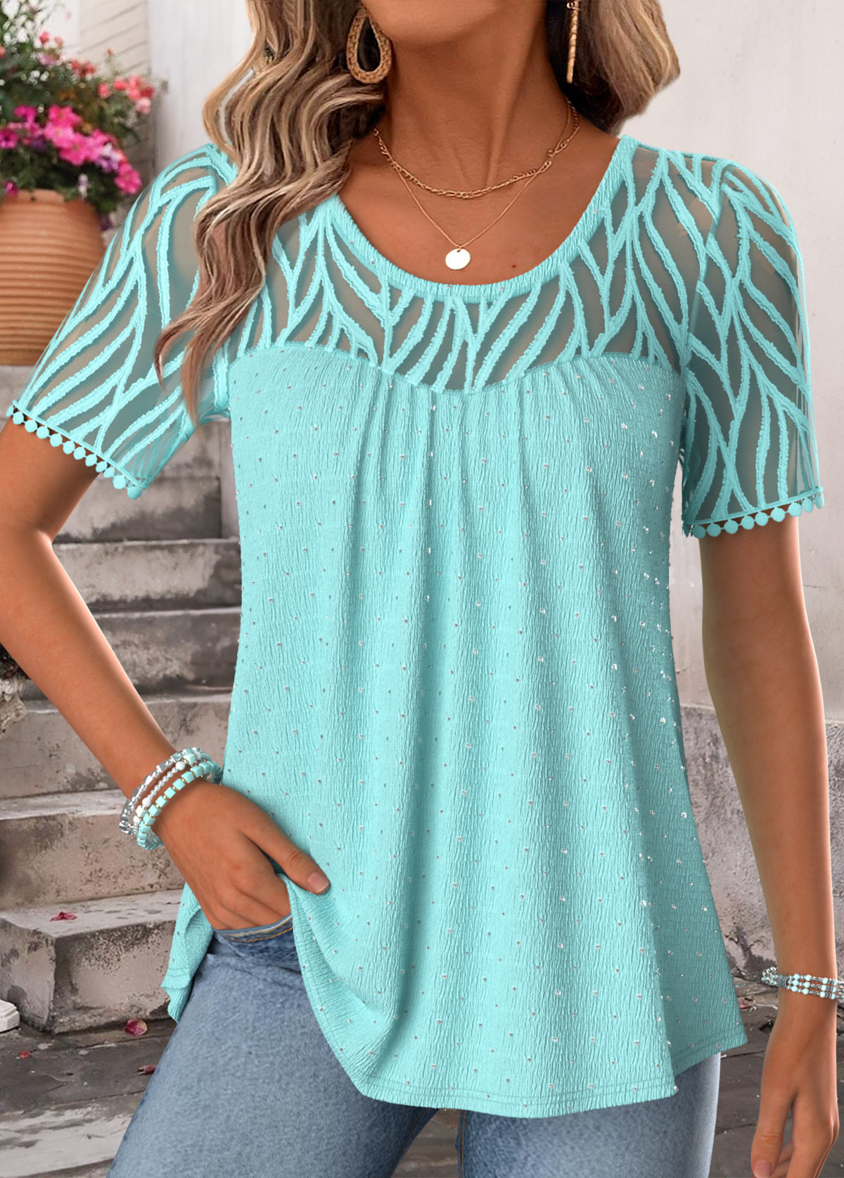 Modlily Cyan Patchwork Short Sleeve Scoop Neck T Shirt - M