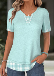 Modlily Cyan Plaid Short Sleeve Split Neck T Shirt - S
