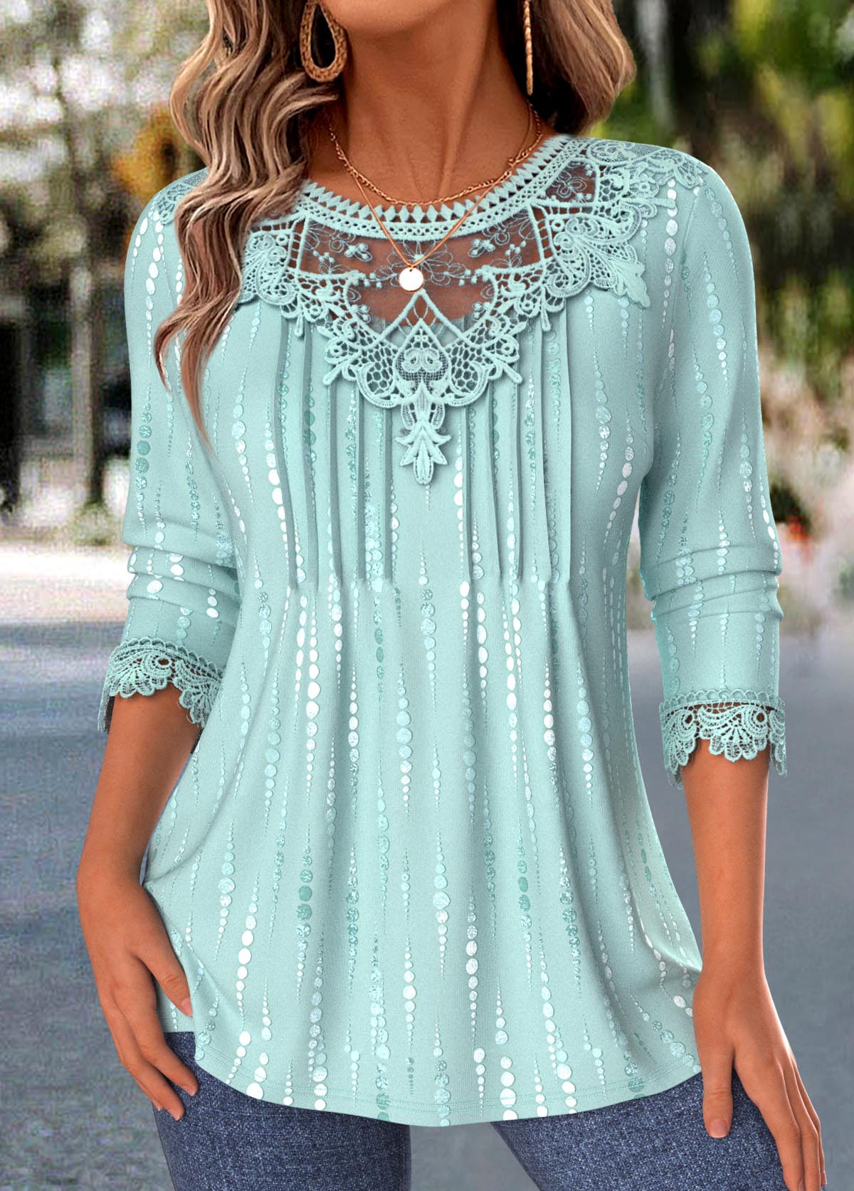 Modlily Cyan Polka Dot Tuck Stitch Long Sleeve T Shirt - M