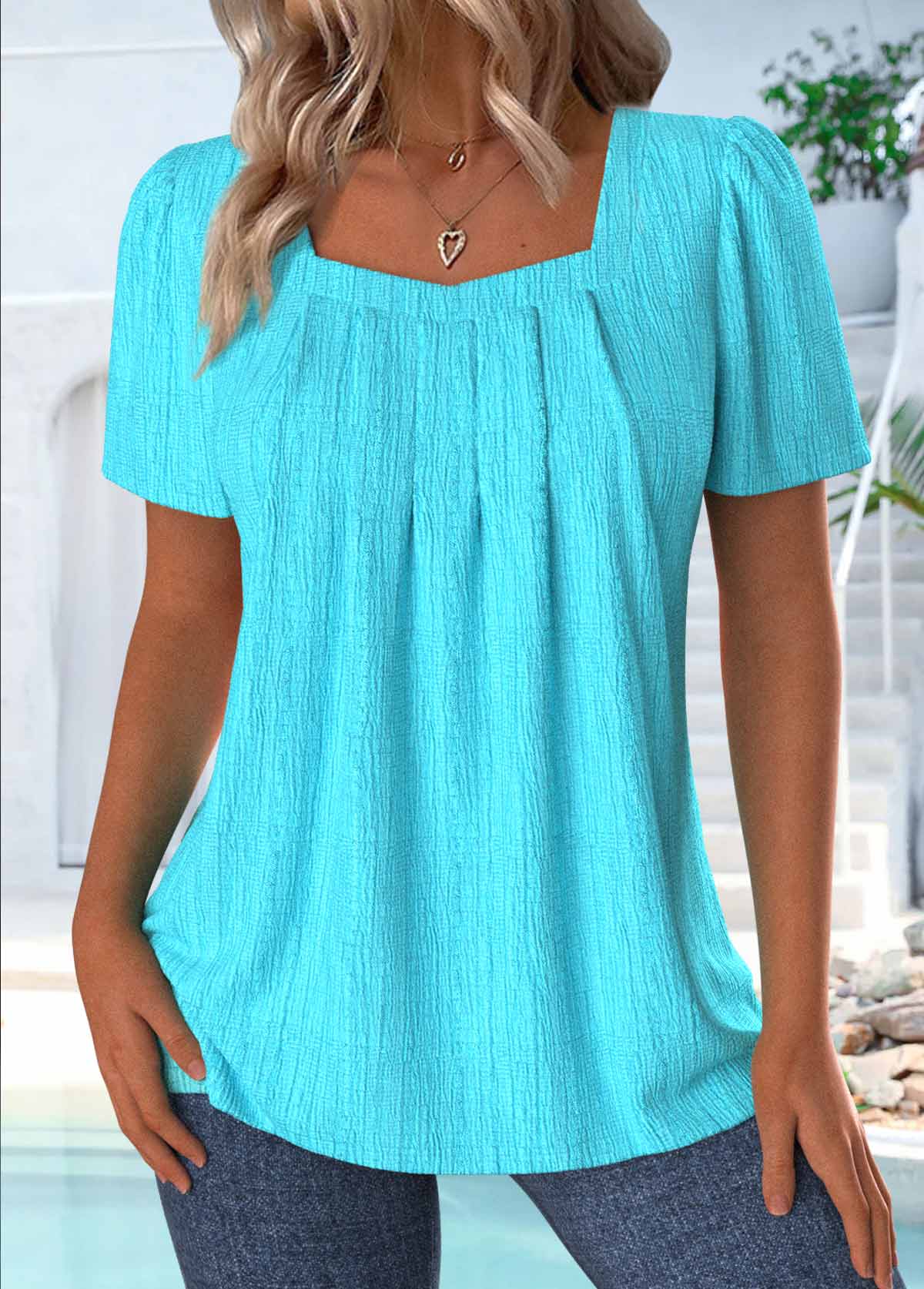 Modlily Cyan Short Sleeve Square Neck T Shirt - S