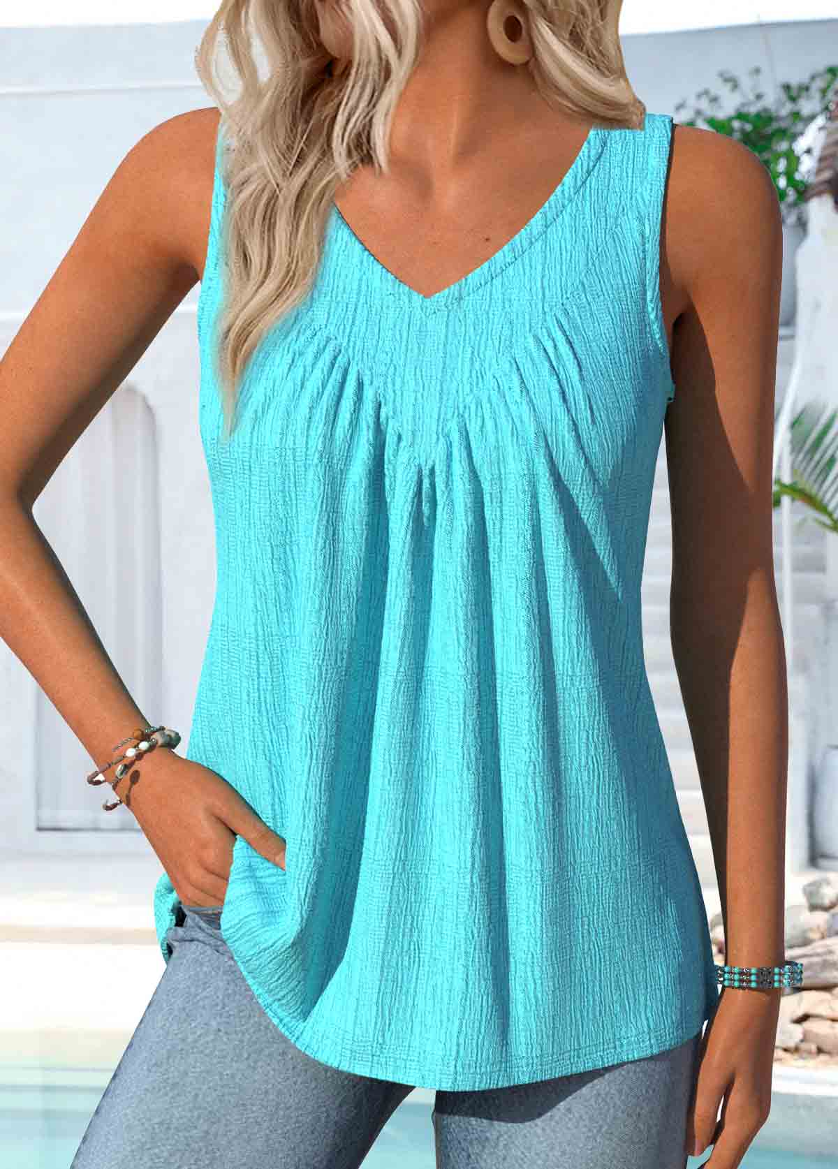 Modlily Cyan Sleeveless V Neck Tank Top - M