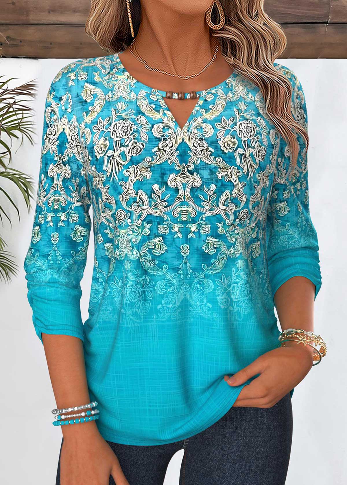 Modlily Cyan Tribal Print Shirred 3/4 Sleeve Blouse - S